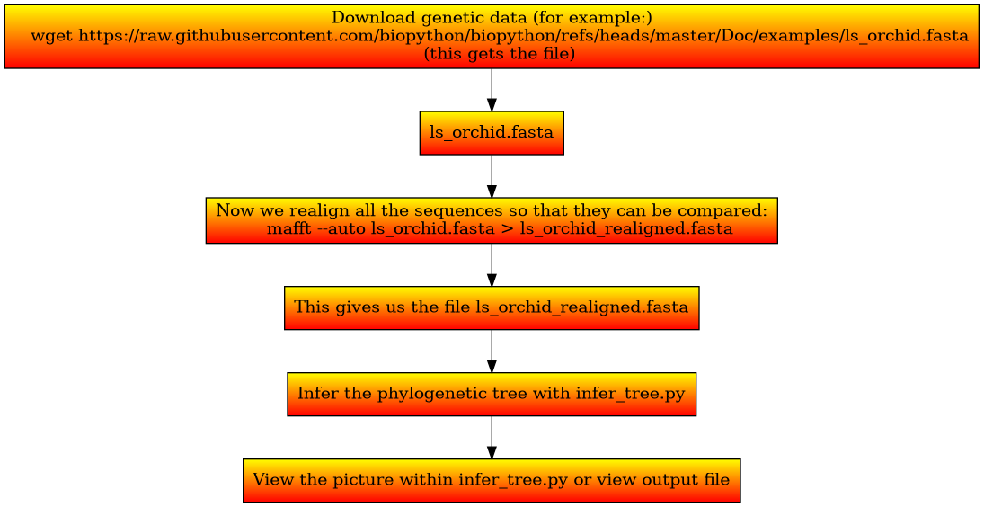digraph "sphinx-ext=graphviz" {
   rankdir="TD";
   remincross = false;      # needed so we don't re-order nodes
   newrank = true;

   node [shape=box fillcolor="red:yellow" style="filled" gradientangle=90];

   edge [lblstyle="sloped"];
   "Download genetic data (for example:)
   wget https://raw.githubusercontent.com/biopython/biopython/refs/heads/master/Doc/examples/ls_orchid.fasta
   (this gets the file)"
   ->
   "ls_orchid.fasta"
   ->
   "Now we realign all the sequences so that they can be compared:
   mafft --auto ls_orchid.fasta > ls_orchid_realigned.fasta"
   ->
   "This gives us the file ls_orchid_realigned.fasta"
   ->
   "Infer the phylogenetic tree with infer_tree.py"
   ->
   "View the picture within infer_tree.py or view output file";
}